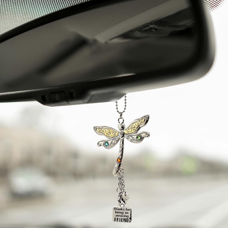 elskandi Thanks for Being an Amazing Friend Dragonfly Charm Hanging Car Charms for Women, Christmas Ornaments for Women Friendship Gift Friend Car Ornament Rearview Mirror Decorations - Image 4